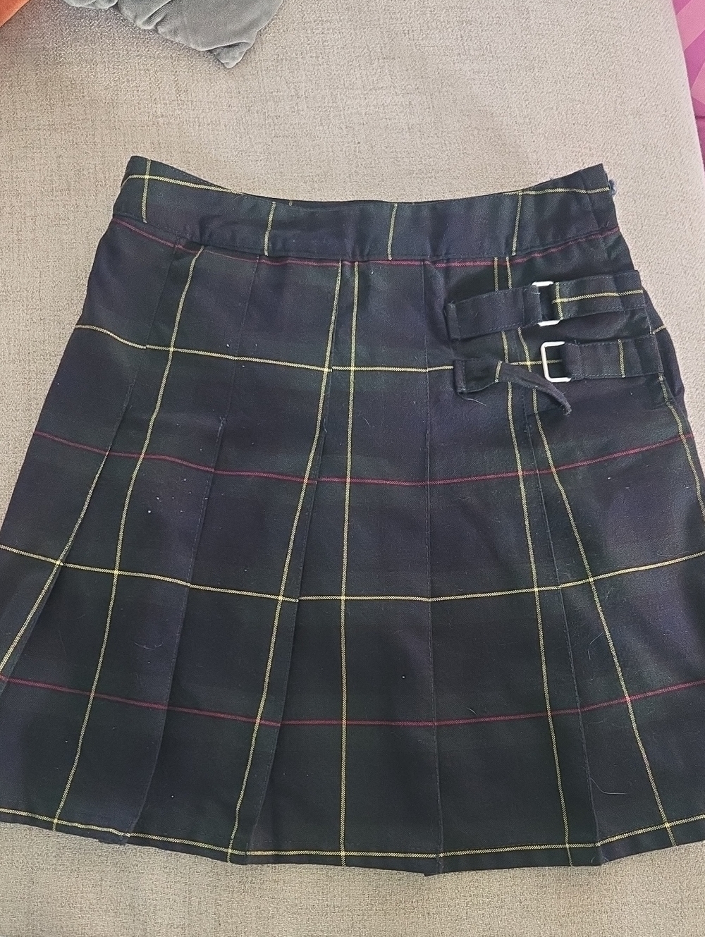 Navy Plaid Pleated Skirt with Buckle Detail